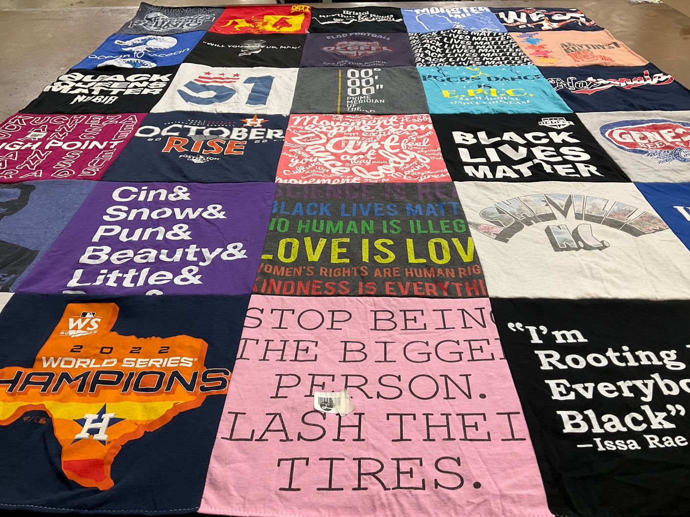 T-shirt quilt with social justice, activism themes by Darryl from MD