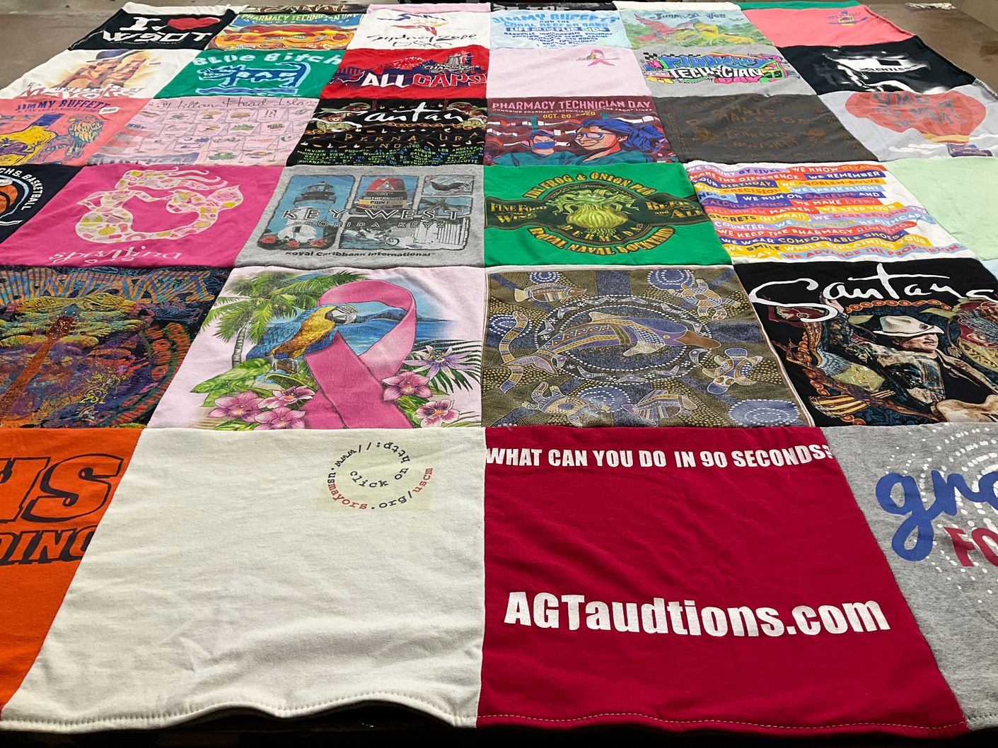 T-shirt quilt with vacation, pharmacy themes by Deborah from OH