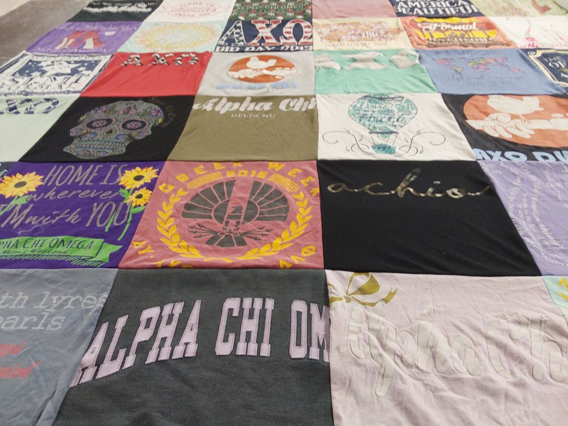 T-shirt quilt with sorority, sisterhood themes by Morgan from WI