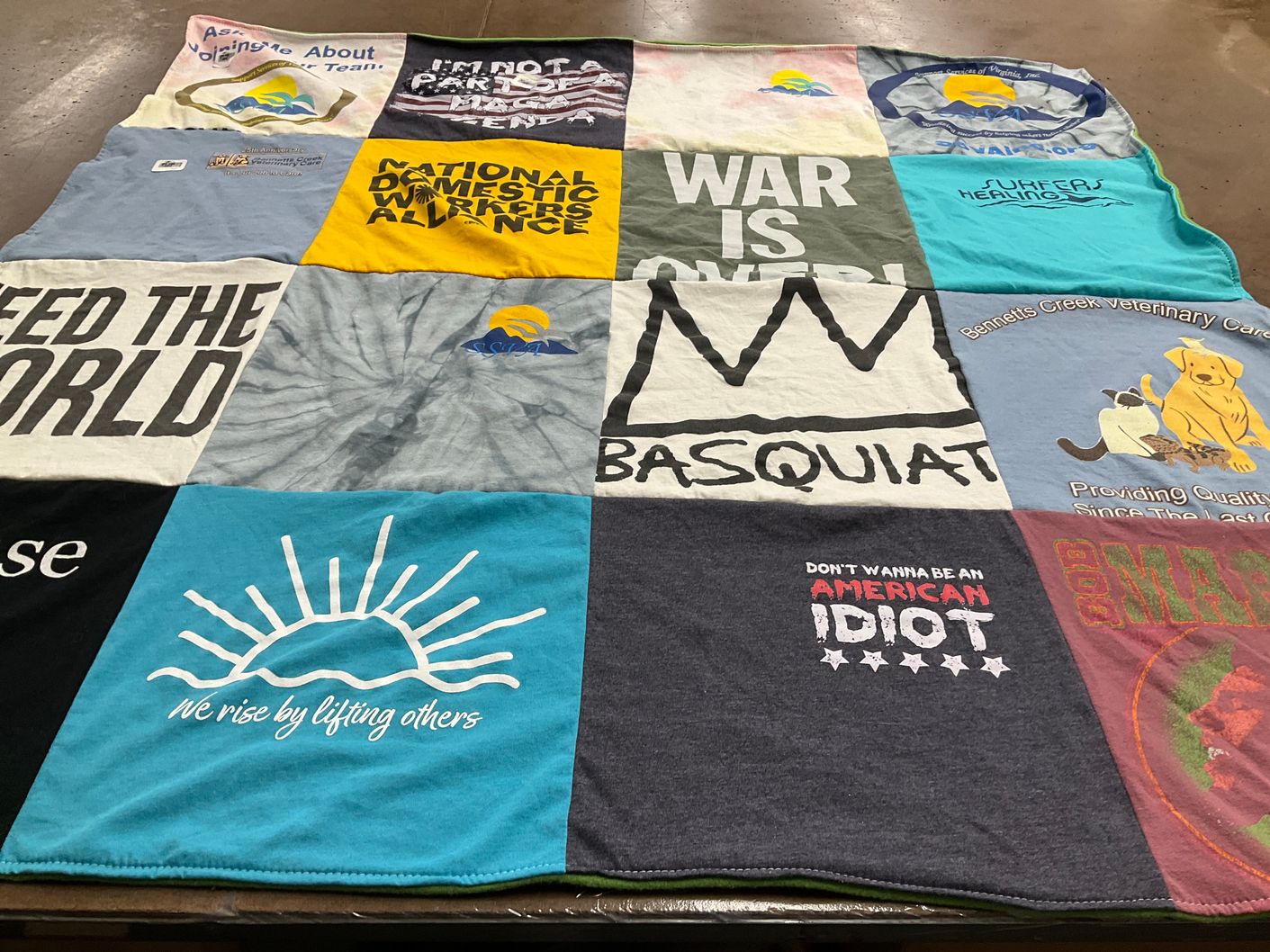 T-shirt quilt with social justice, veterinary care themes by Andrea from VA