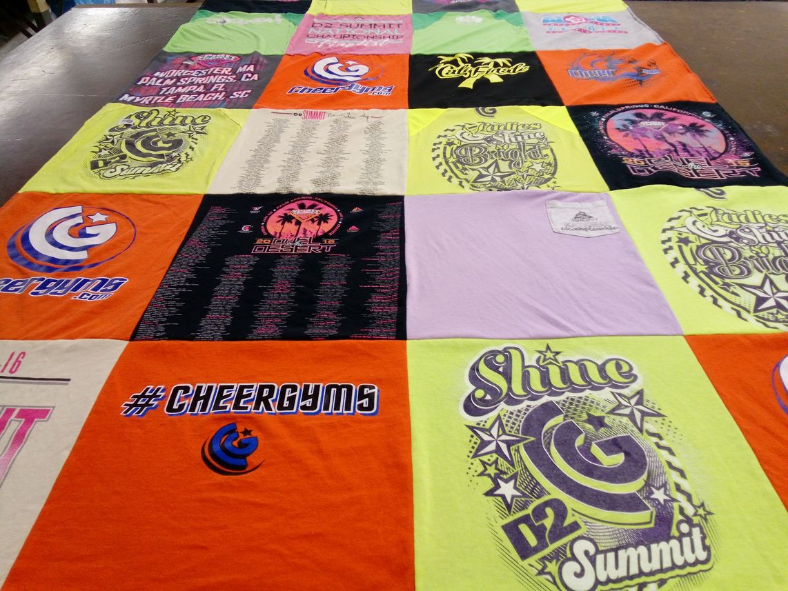 T-shirt quilt with cheerleading, sports themes by Christina from MT