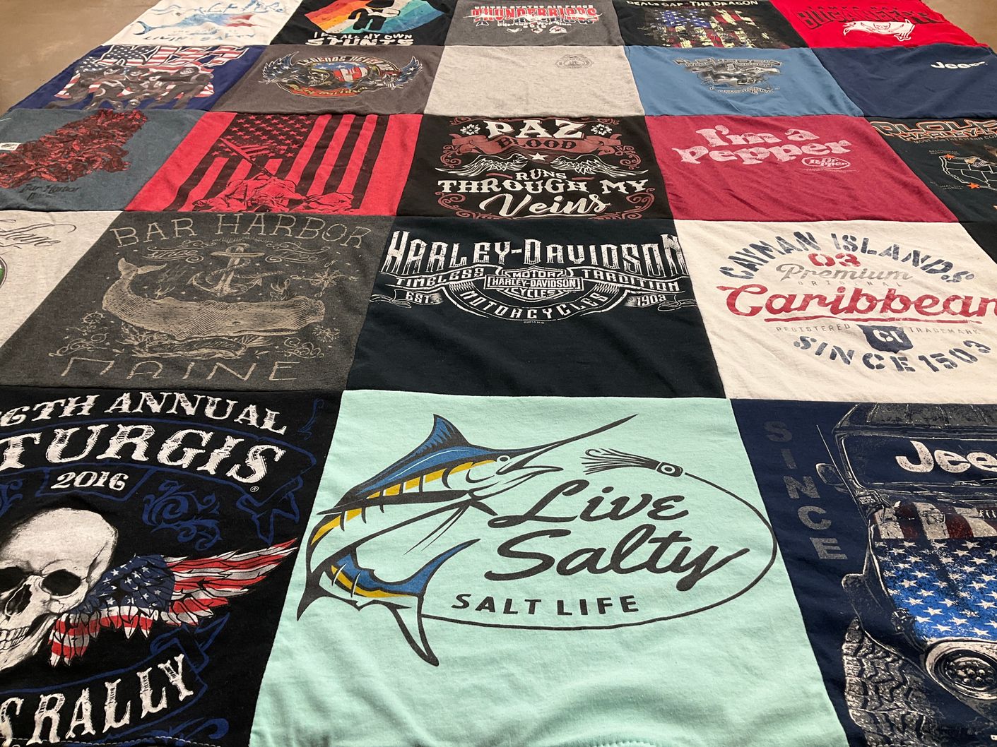 T-shirt quilt with motorcycles, travel themes by Stella from FL