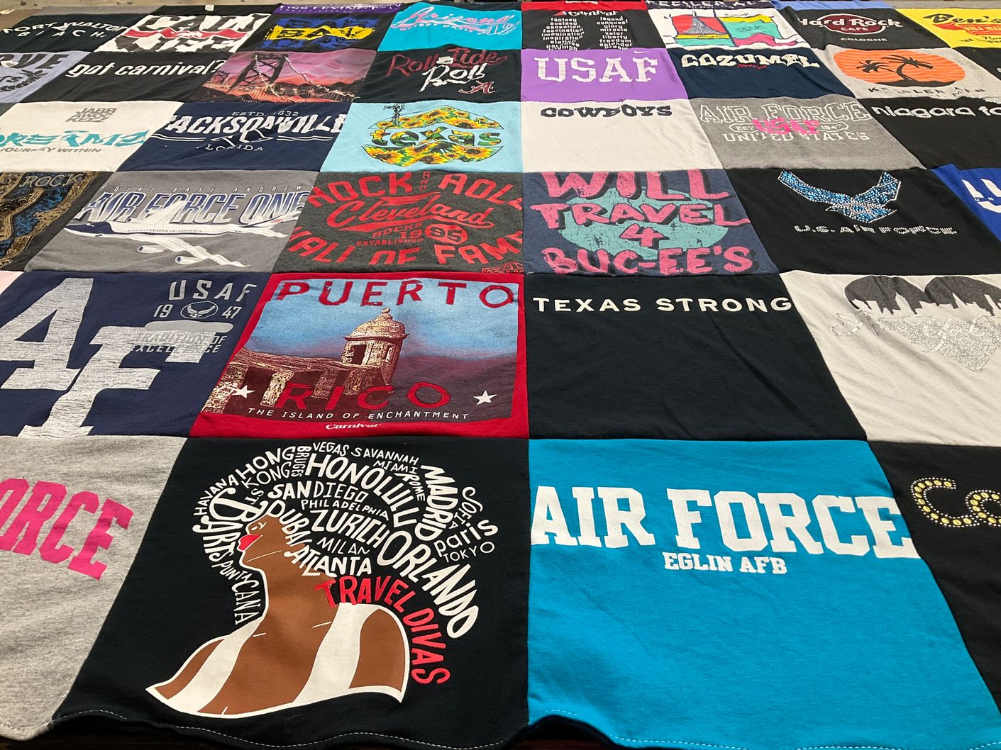 T-shirt quilt with traveling, air force themes by LaVonna from TX