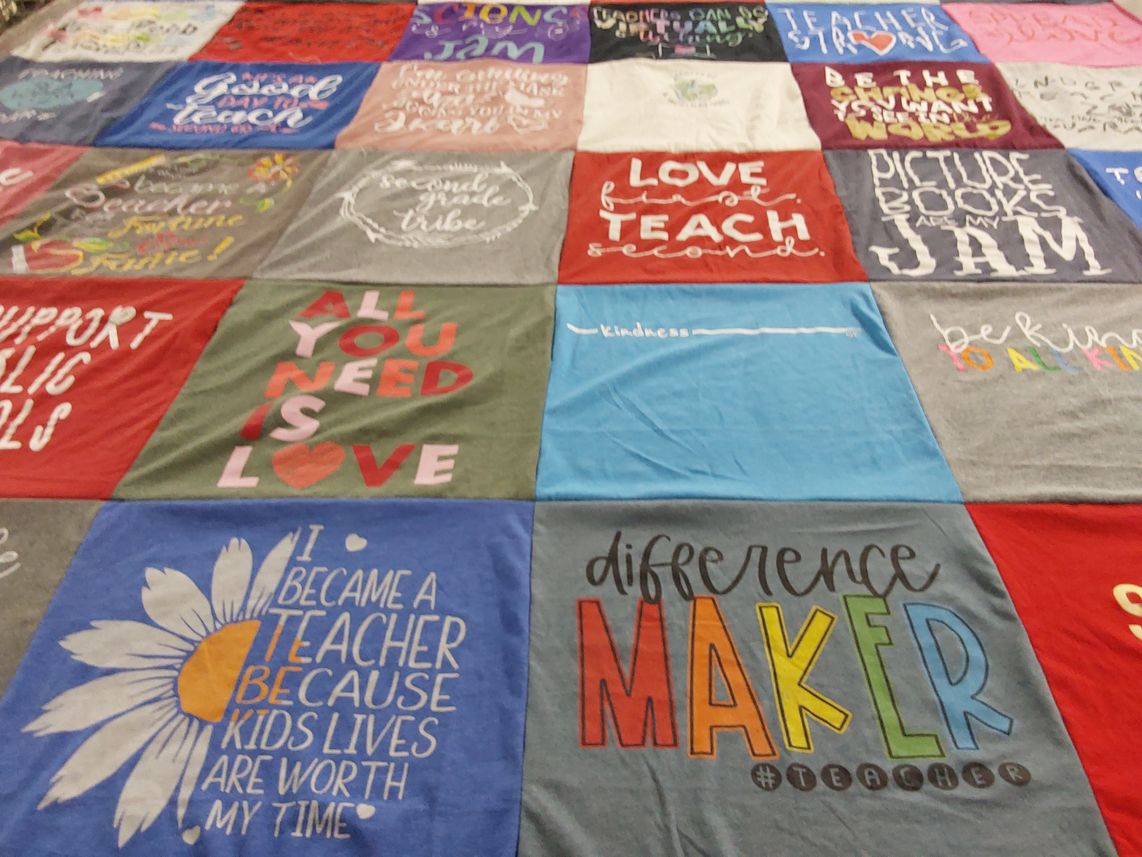 T-shirt quilt with teaching, education themes by Jennifer from TX