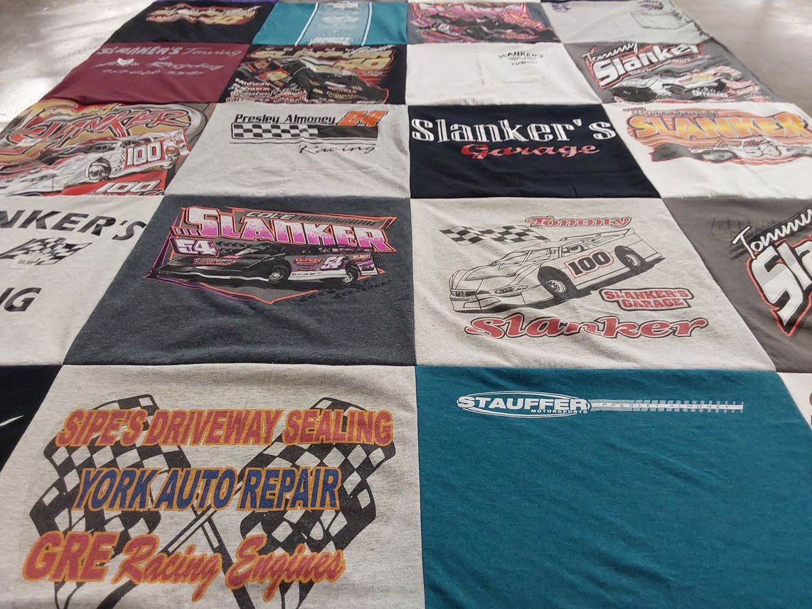 T-shirt quilt with auto racing, car repair themes by Tanya from PA