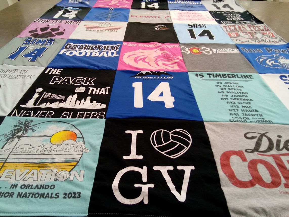 T-shirt quilt featuring grandview football team, timberline volleyball team by Larry from CO