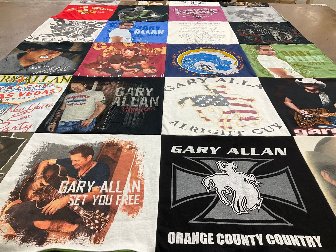 T-shirt quilt with country music, concerts themes by Cynthia from CA