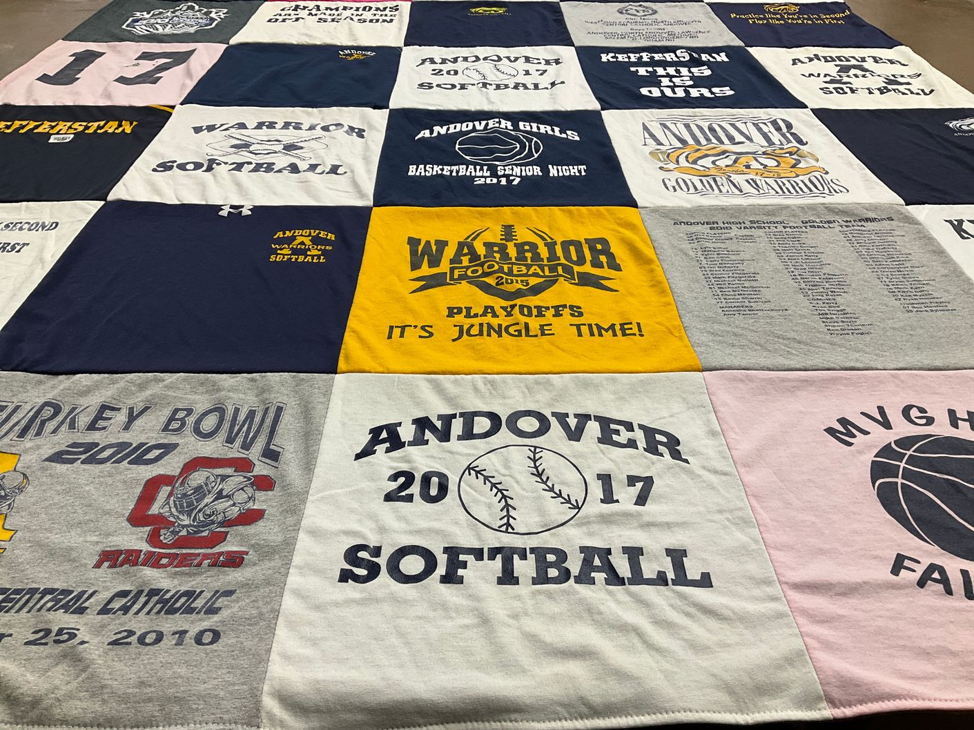 T-shirt quilt featuring andover golden warriors, central catholic raiders by Madison from MA