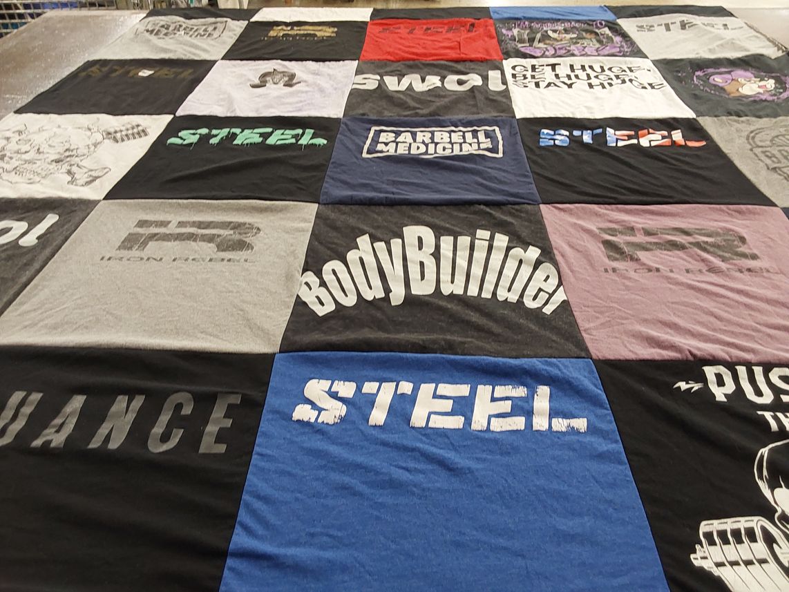 T-shirt quilt with fitness, bodybuilding themes by Lauren from FL