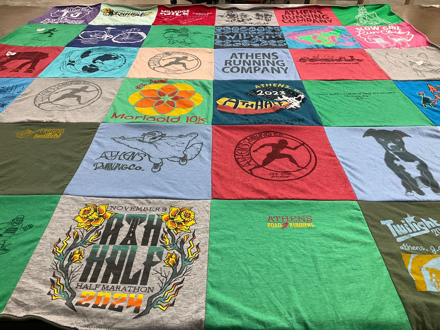 T-shirt quilt with running, marathons themes by Hannah from GA