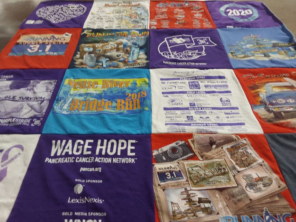 T-shirt quilt with running, fundraising themes by Thea from VA