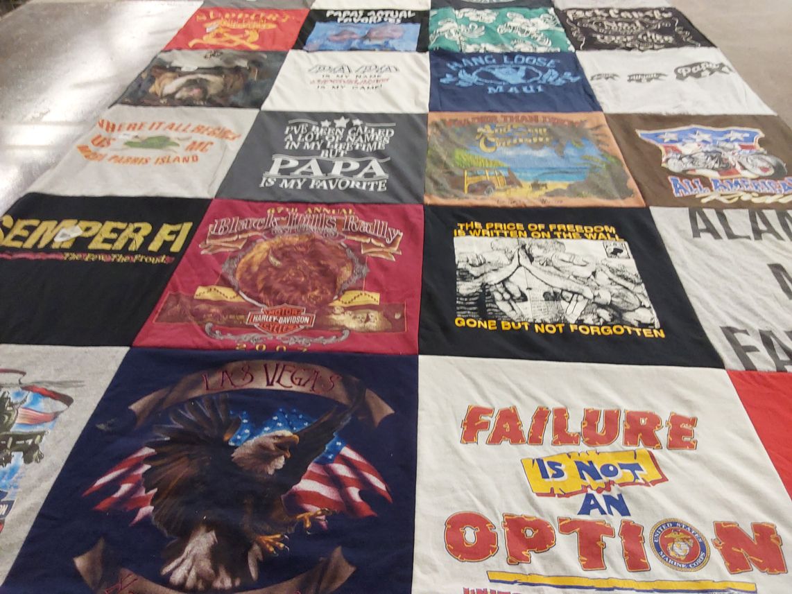 T-shirt quilt with motorcycles, military themes by Morgan from OH