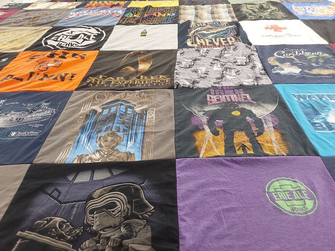 T-shirt quilt with science fiction, gaming themes by Jeffery from PA