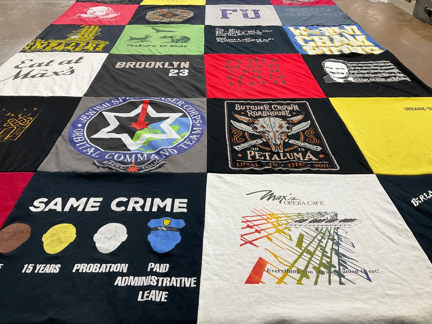 T-shirt quilt with food, cooking themes by Victoria from CA