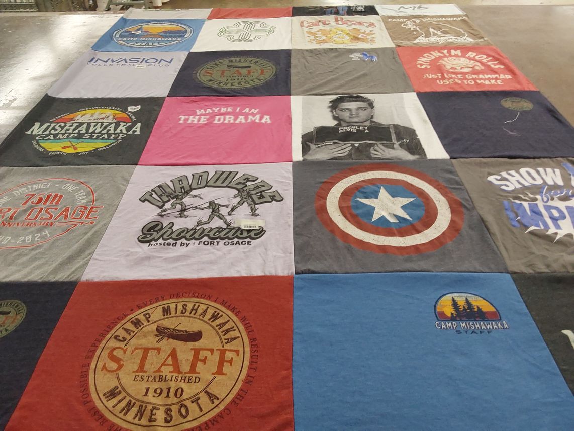 T-shirt quilt with camping, youth programs themes by Sean from MN