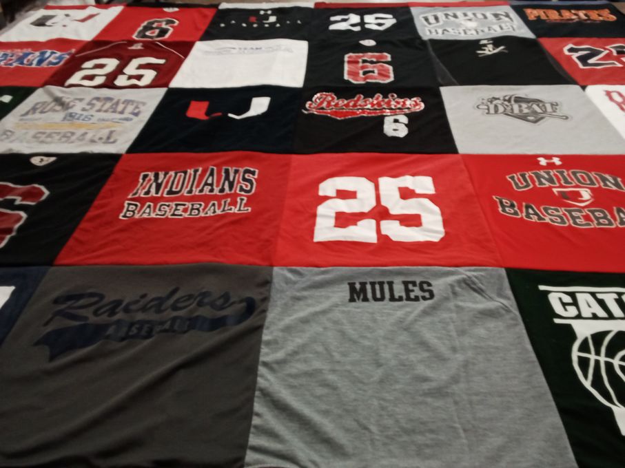 T-shirt quilt featuring raiders baseball, indians baseball by Kathy from OK
