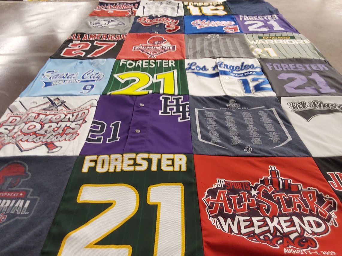 T-shirt quilt with sports, team themes by Leah from IL