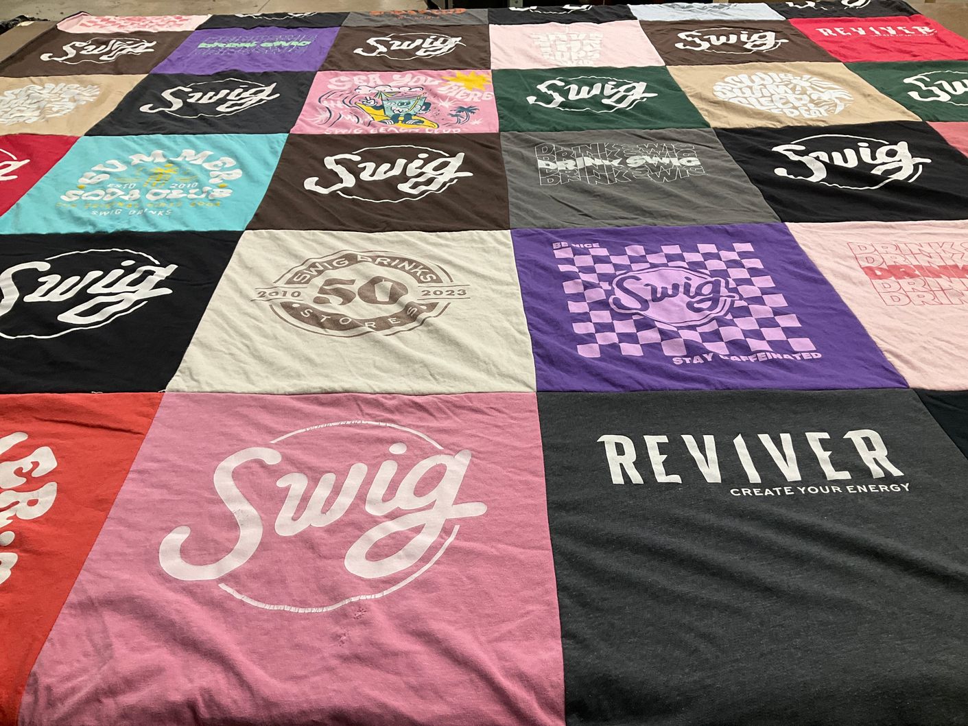 T-shirt quilt with beverages, caffeine themes by Tracy from AZ