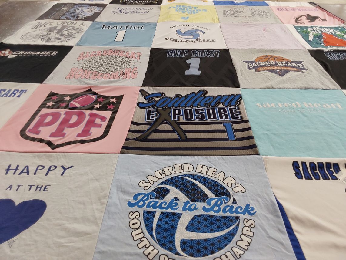T-shirt quilt featuring sacred heart volleyball by Valentine from LA