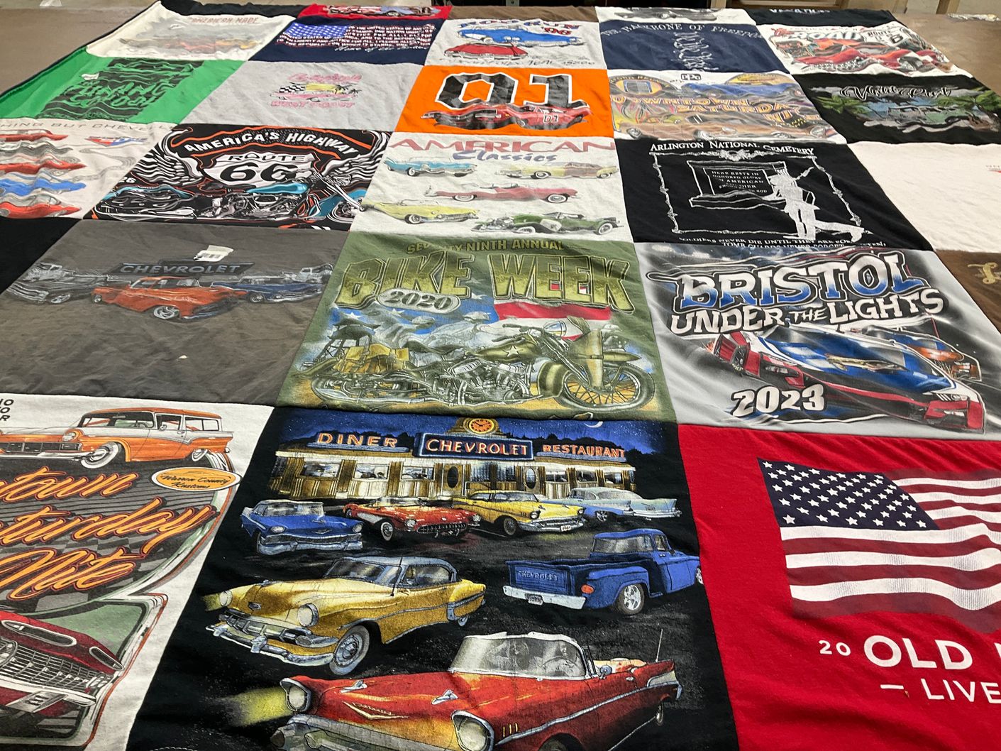 T-shirt quilt with cars, motorcycles themes by Tim from OH