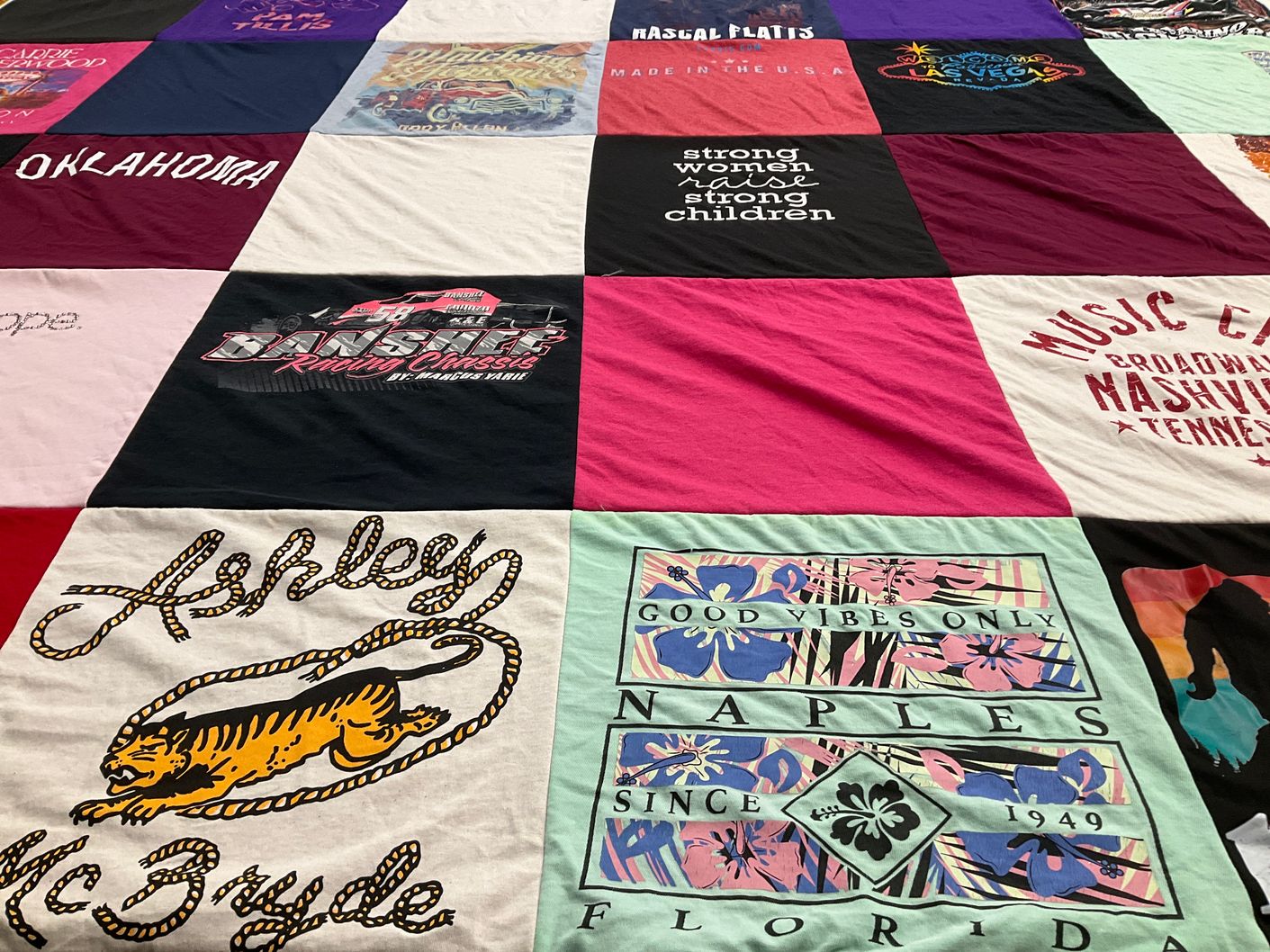 T-shirt quilt with country music, southern culture themes by Bryanna from WI