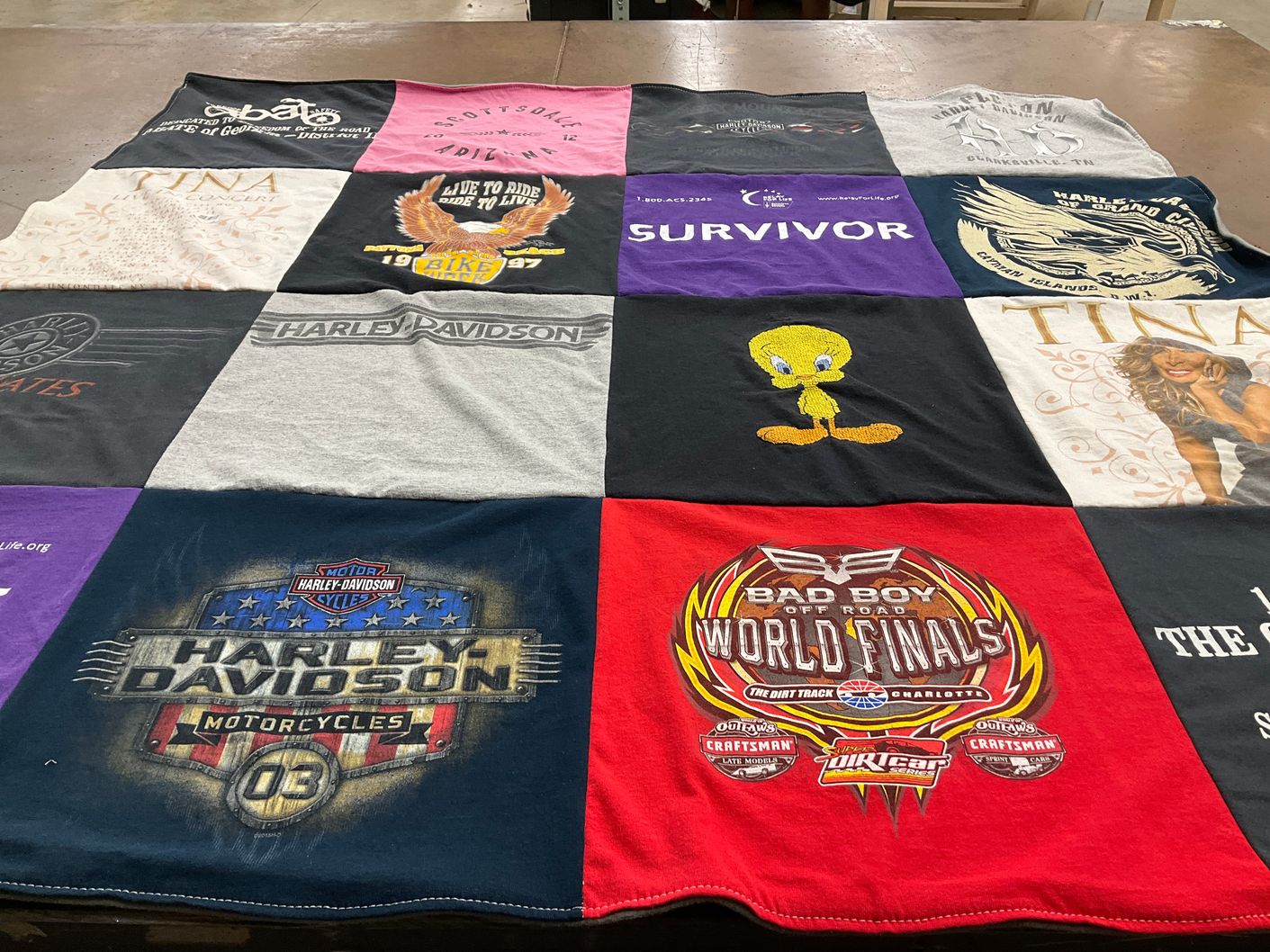 T-shirt quilt with motorcycles, motor sports themes by Nichole from NC