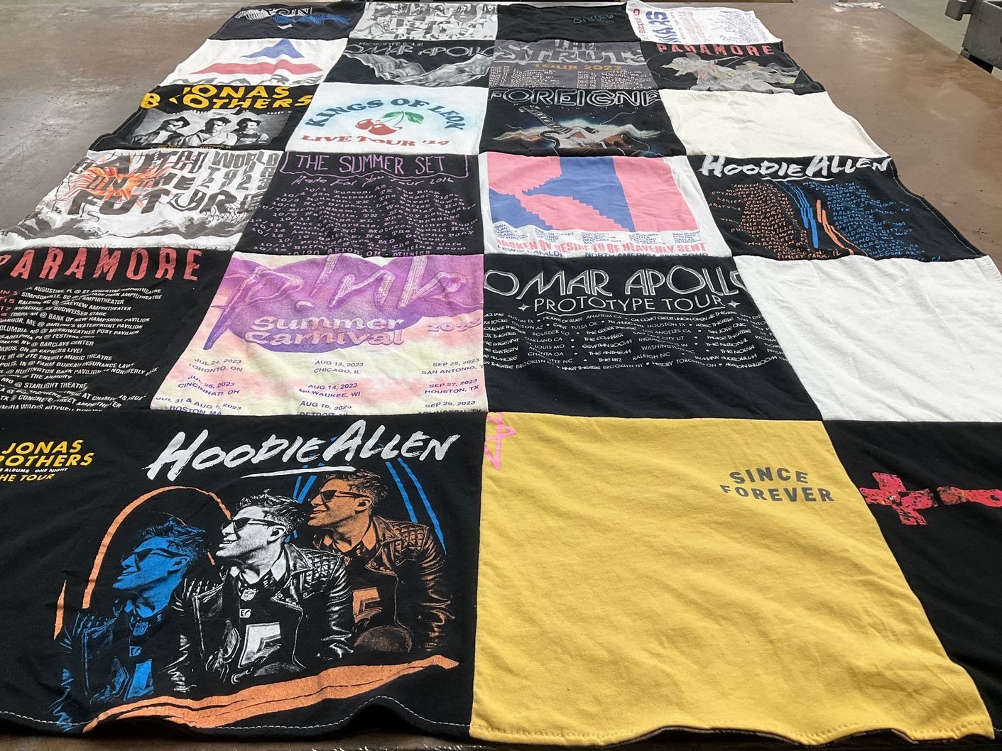 T-shirt quilt with music, concerts themes by Taylor from TX