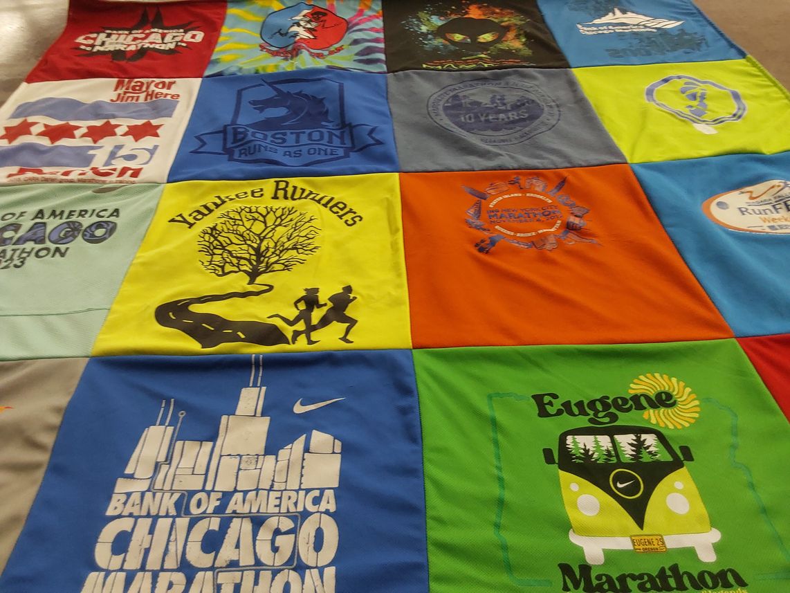 T-shirt quilt with running, marathons themes by Geof from IL