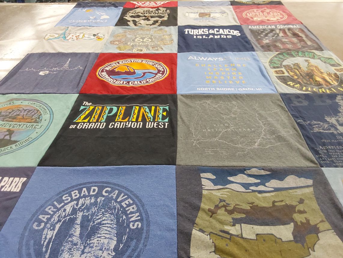T-shirt quilt with travel, adventure themes by Michael from CA