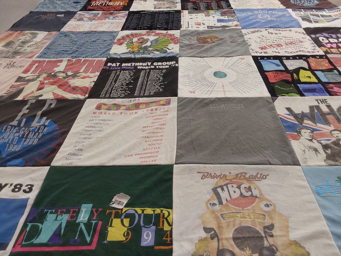 T-shirt quilt with music, concerts themes by Dawn from NH