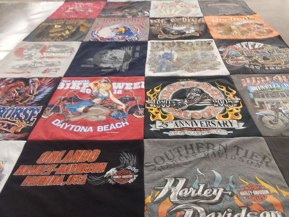 T-shirt quilt with motorcycles, biking themes by Joanne from NY