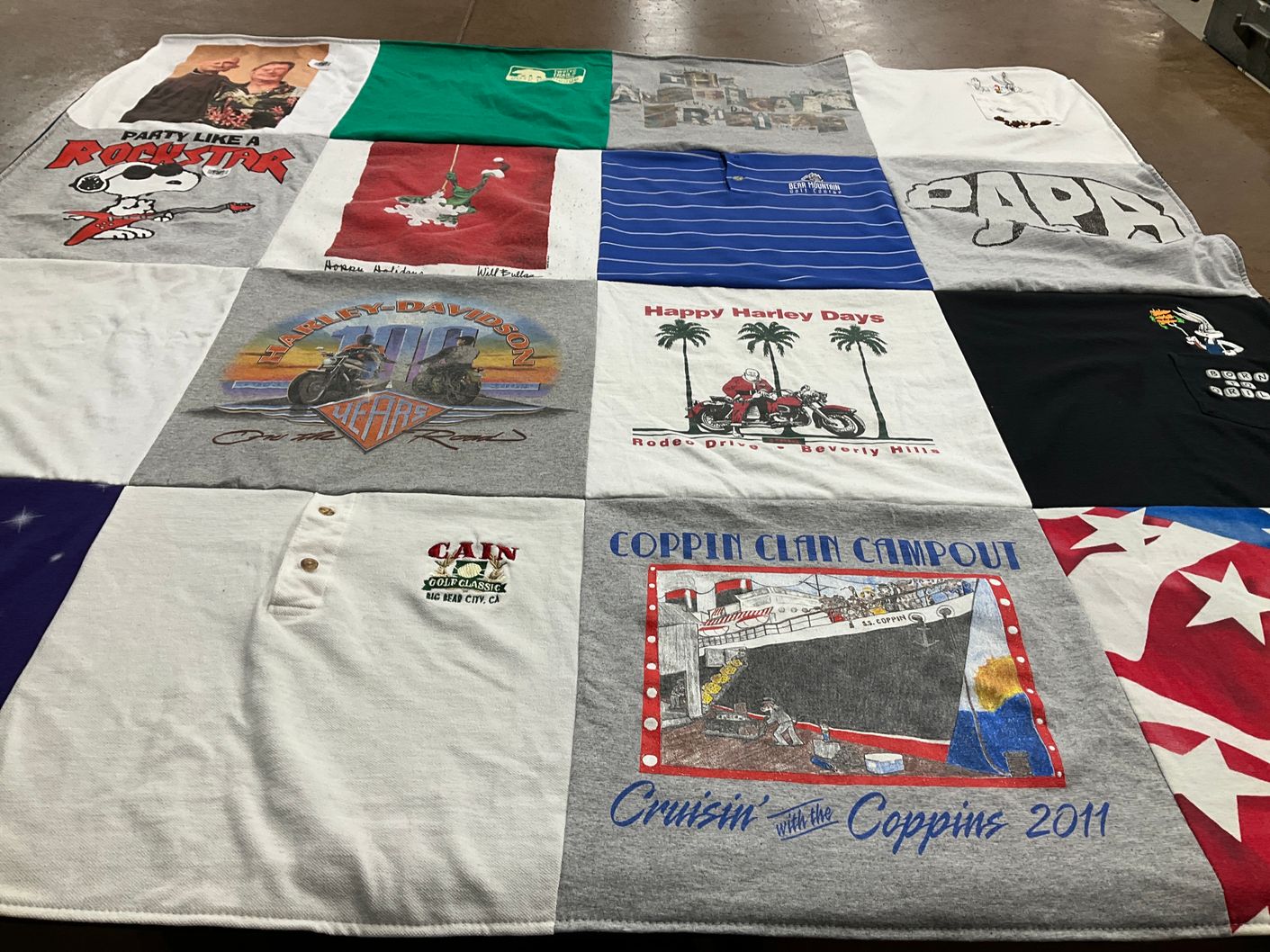 T-shirt quilt with motorcycles, golf themes by Marlene from CA