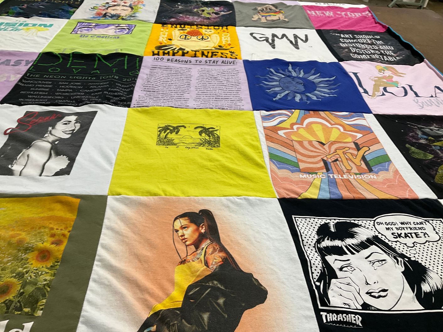T-shirt quilt with music, pop culture themes by Maiya from NY
