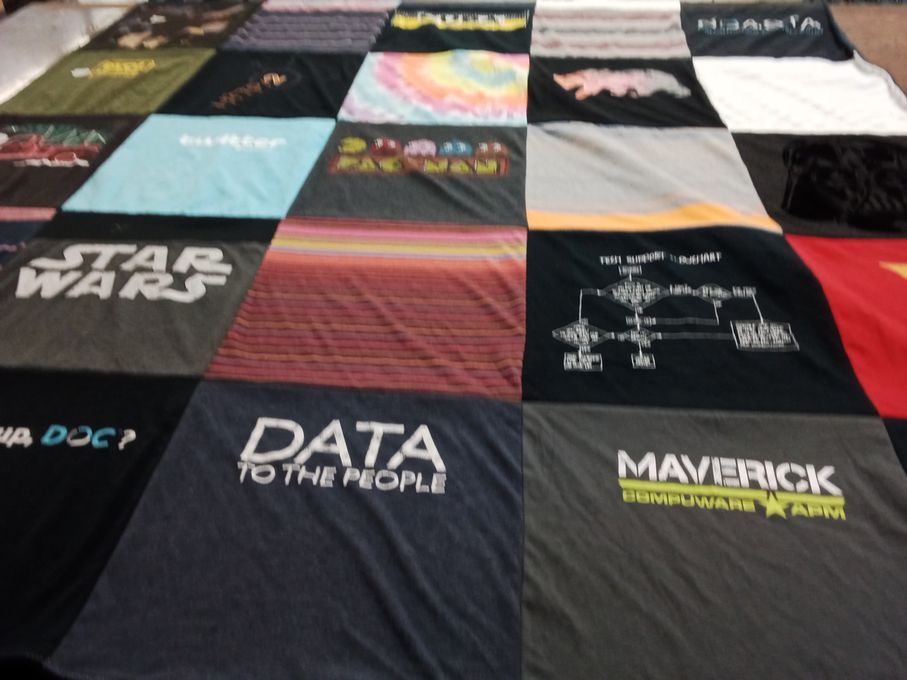 T-shirt quilt with data science, technology themes by Stefanie from FL