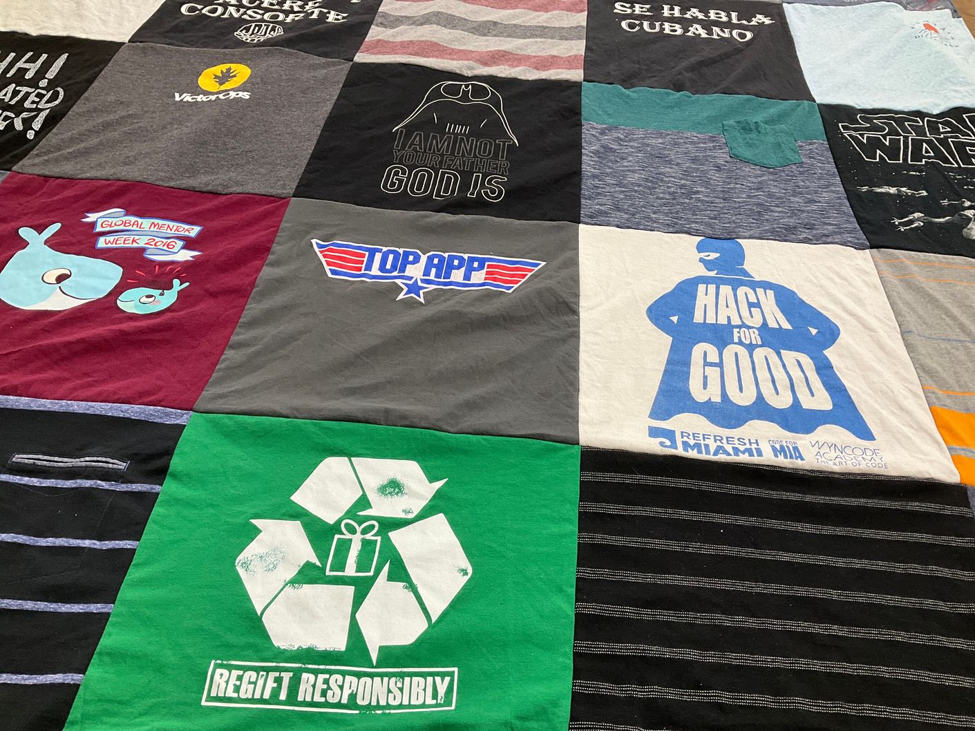 T-shirt quilt with coding, technology themes by Stefanie from FL