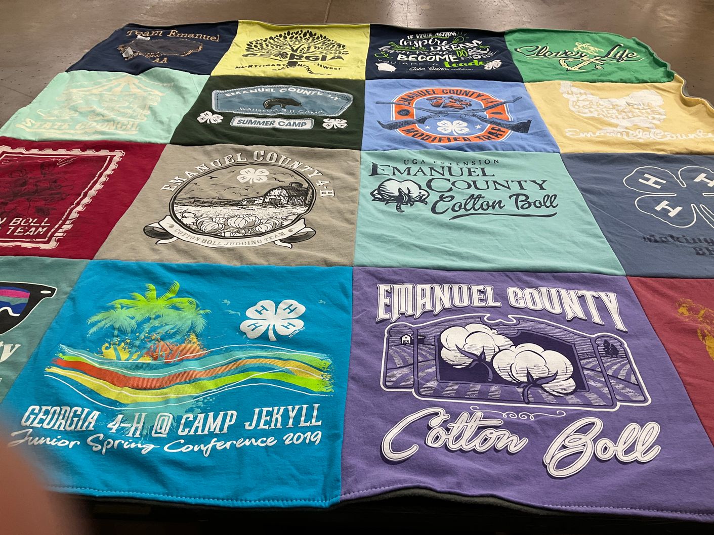 T-shirt quilt with gardening, camping themes by Amy from GA