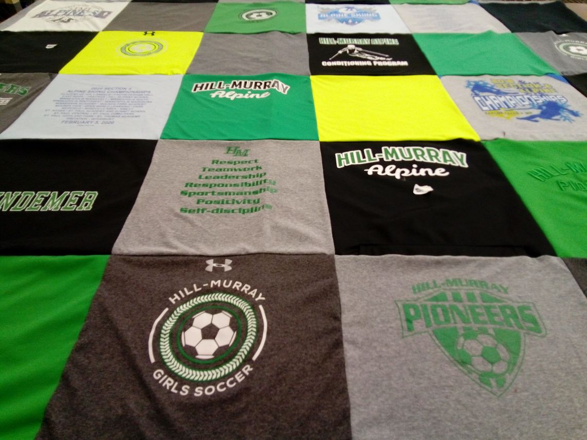 T-shirt quilt featuring hill-murray pioneers by Tracy from MN