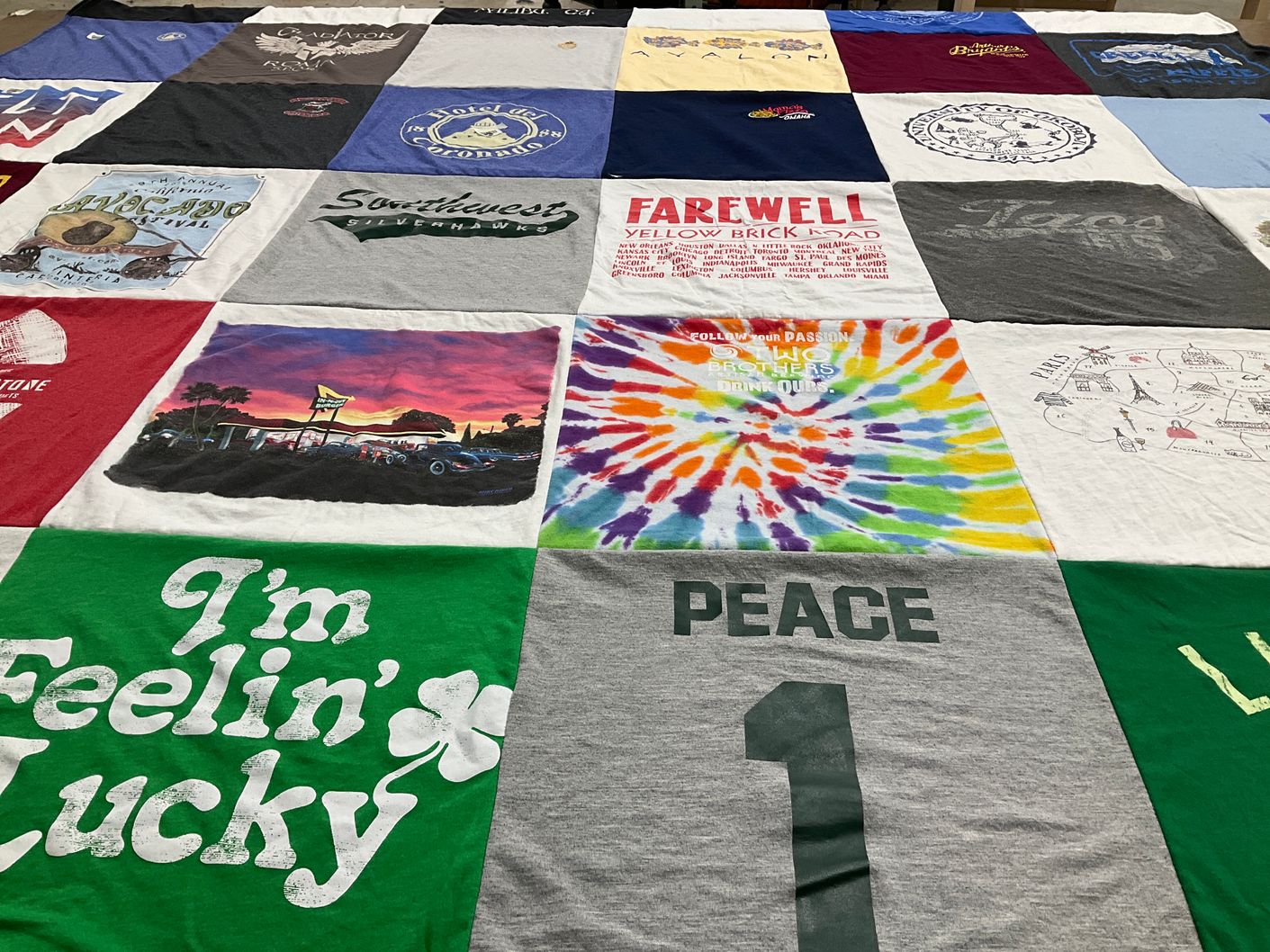 T-shirt quilt with travel, peace themes by Samantha from NE