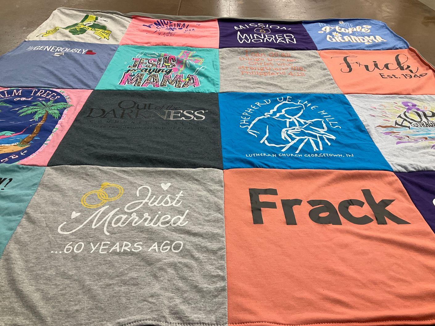 T-shirt quilt with family, faith themes by Dawn from IN