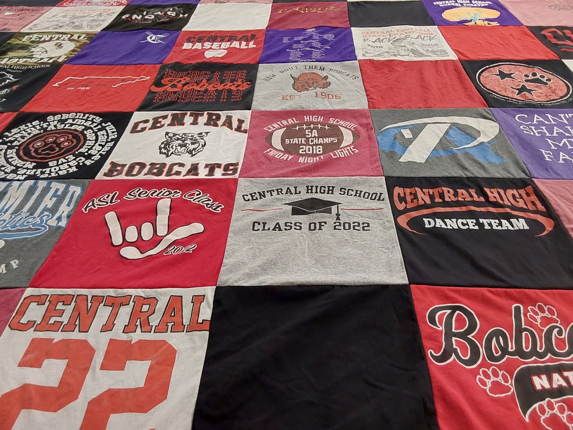 T-shirt quilt featuring central high school bobcats by Rebecca from TN