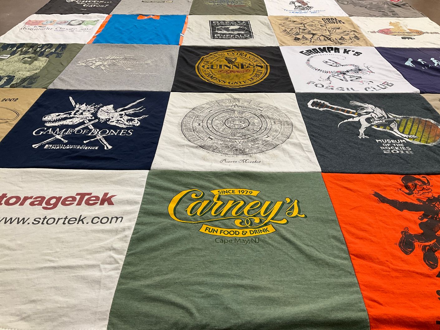 T-shirt quilt with fossils, dinosaurs themes by Janis from CO