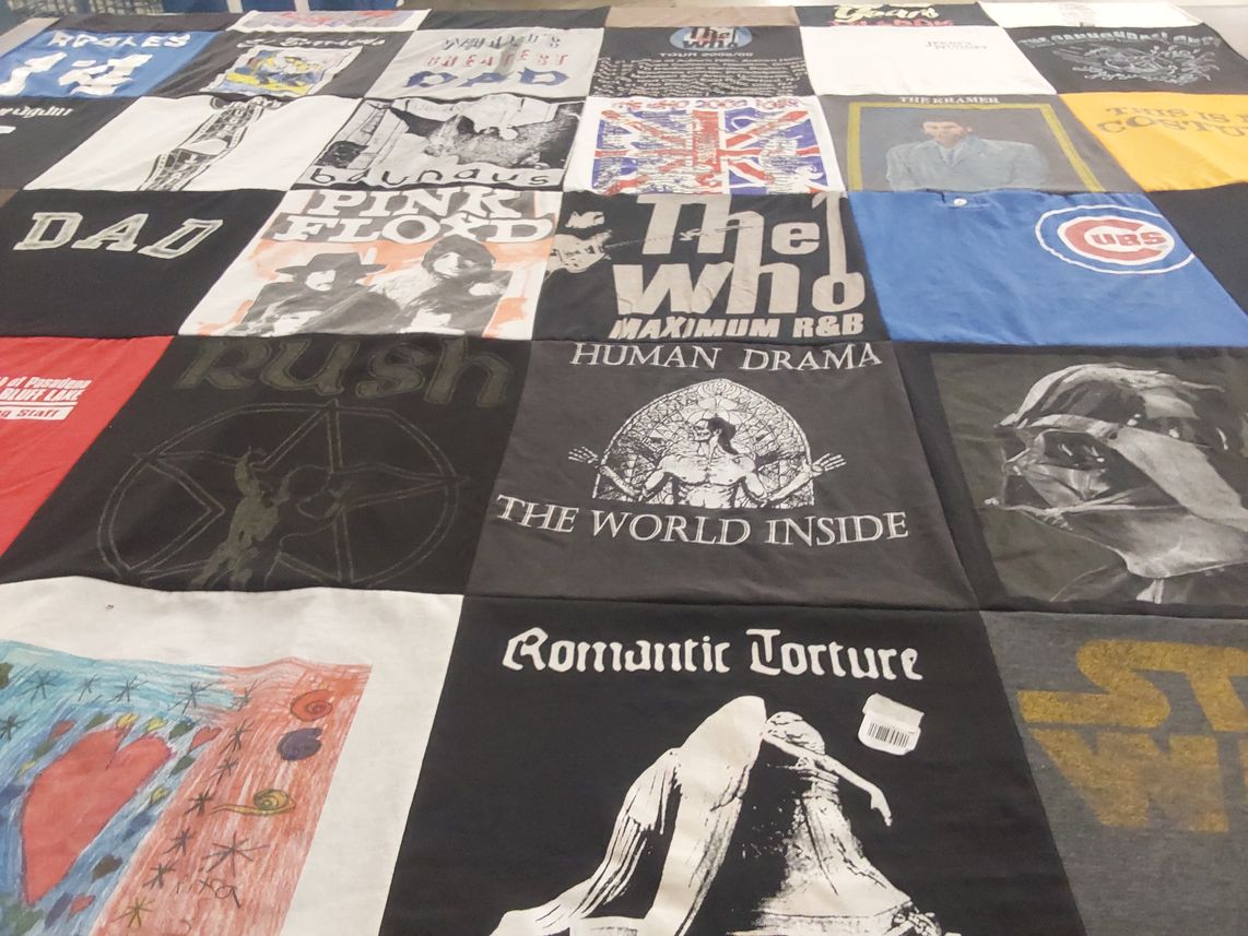 T-shirt quilt with music, rock themes by Laura from CA