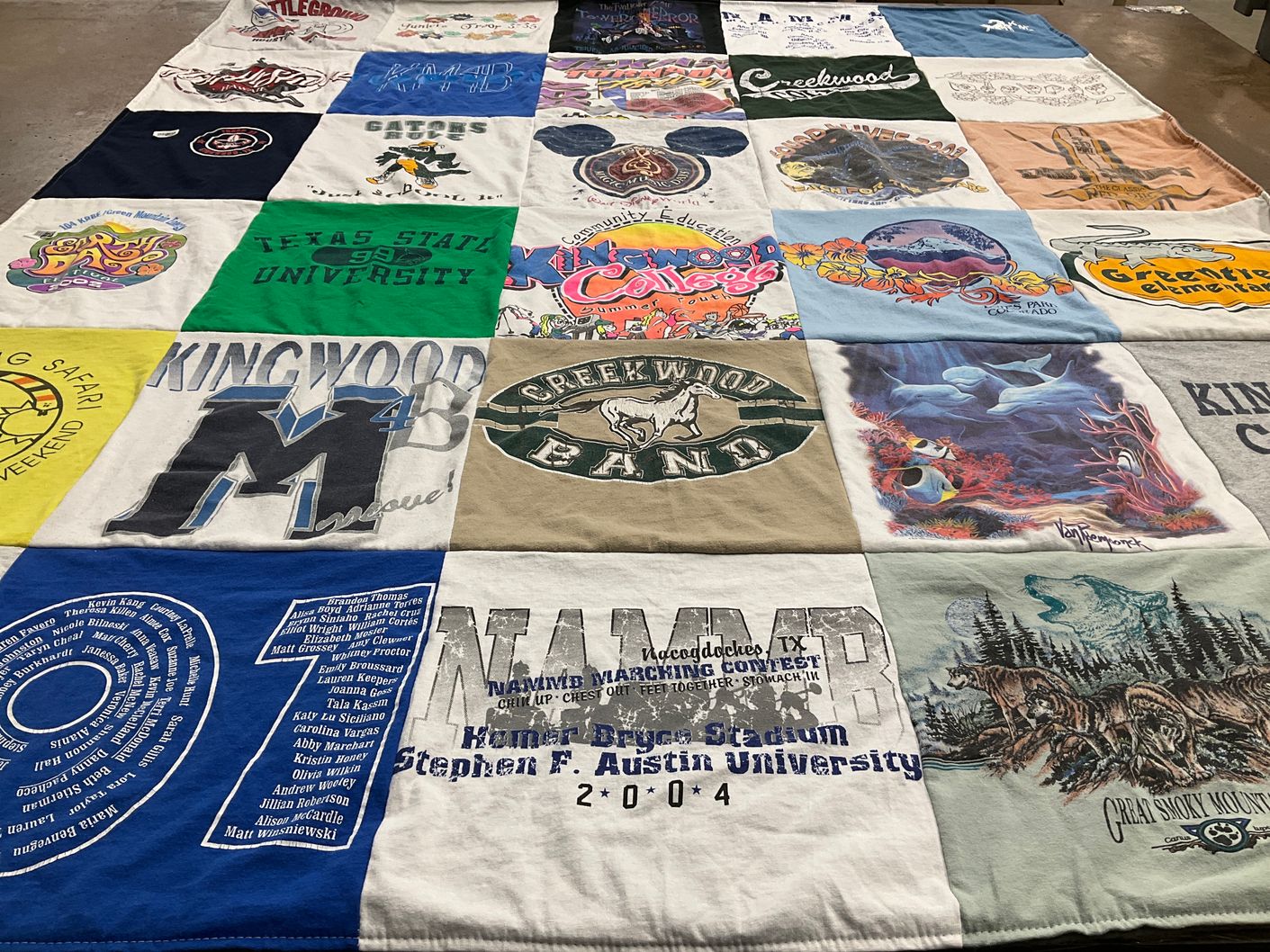 T-shirt quilt from texas state university, kingwood high school by Patricia from TX