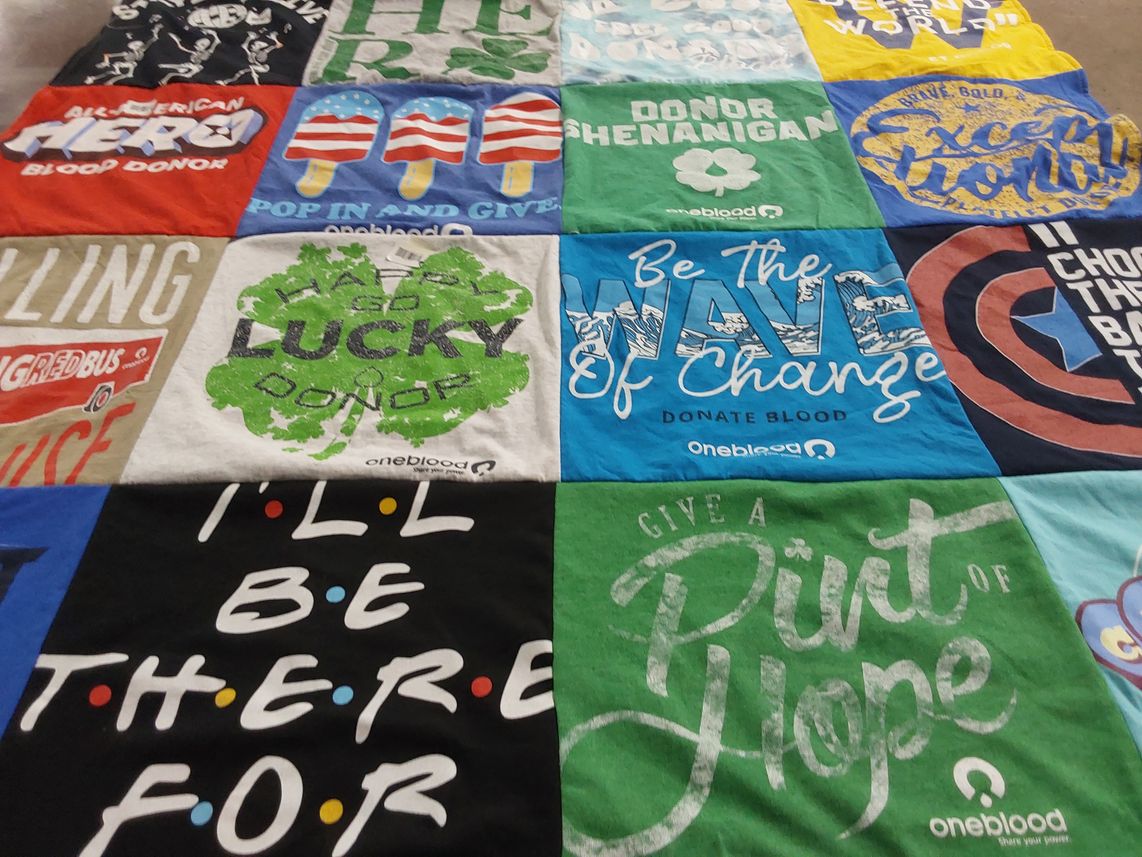 T-shirt quilt with blood donation, community service themes by Rhea from FL