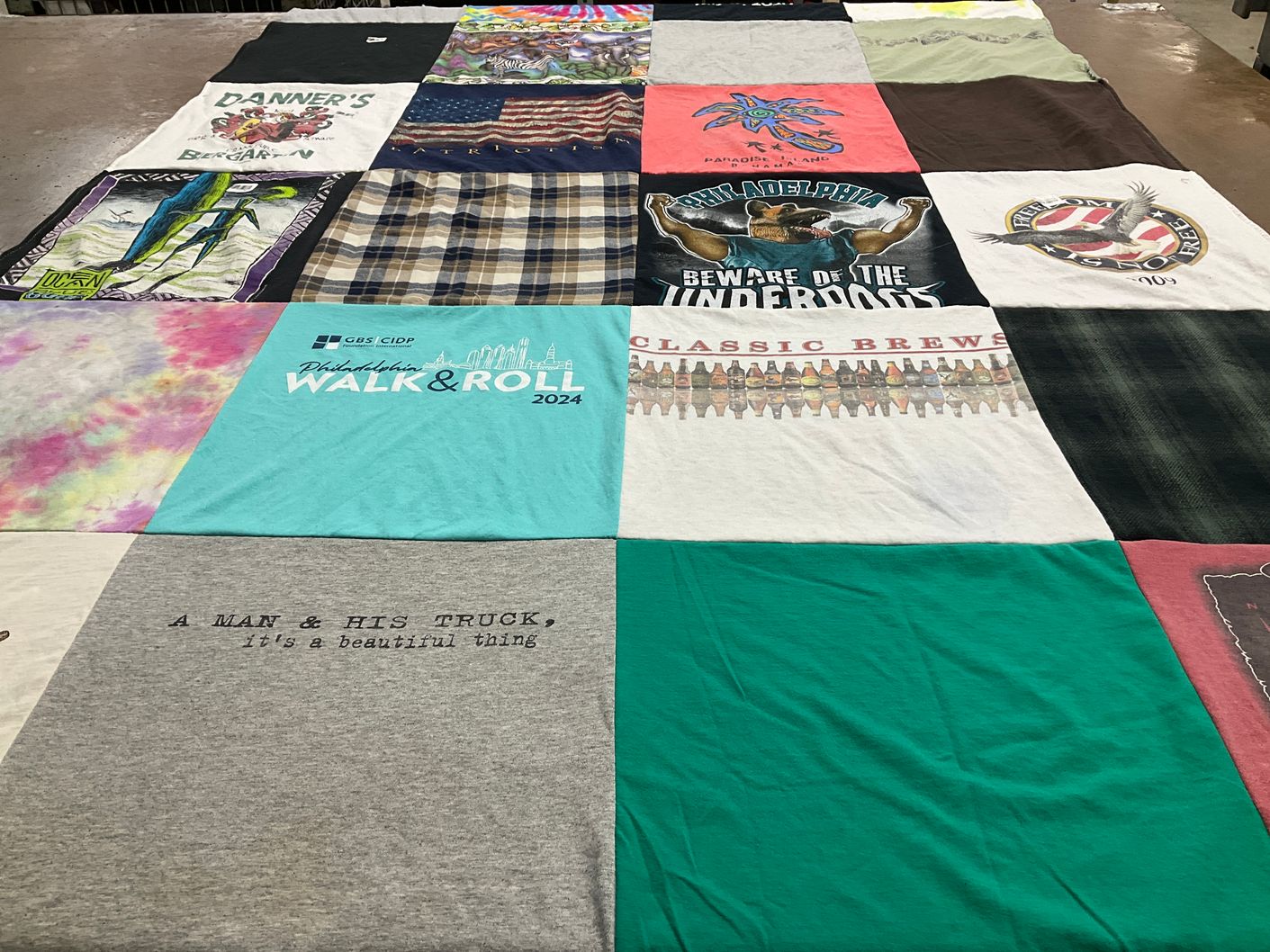 T-shirt quilt with beer, trucks themes by Loretta from PA