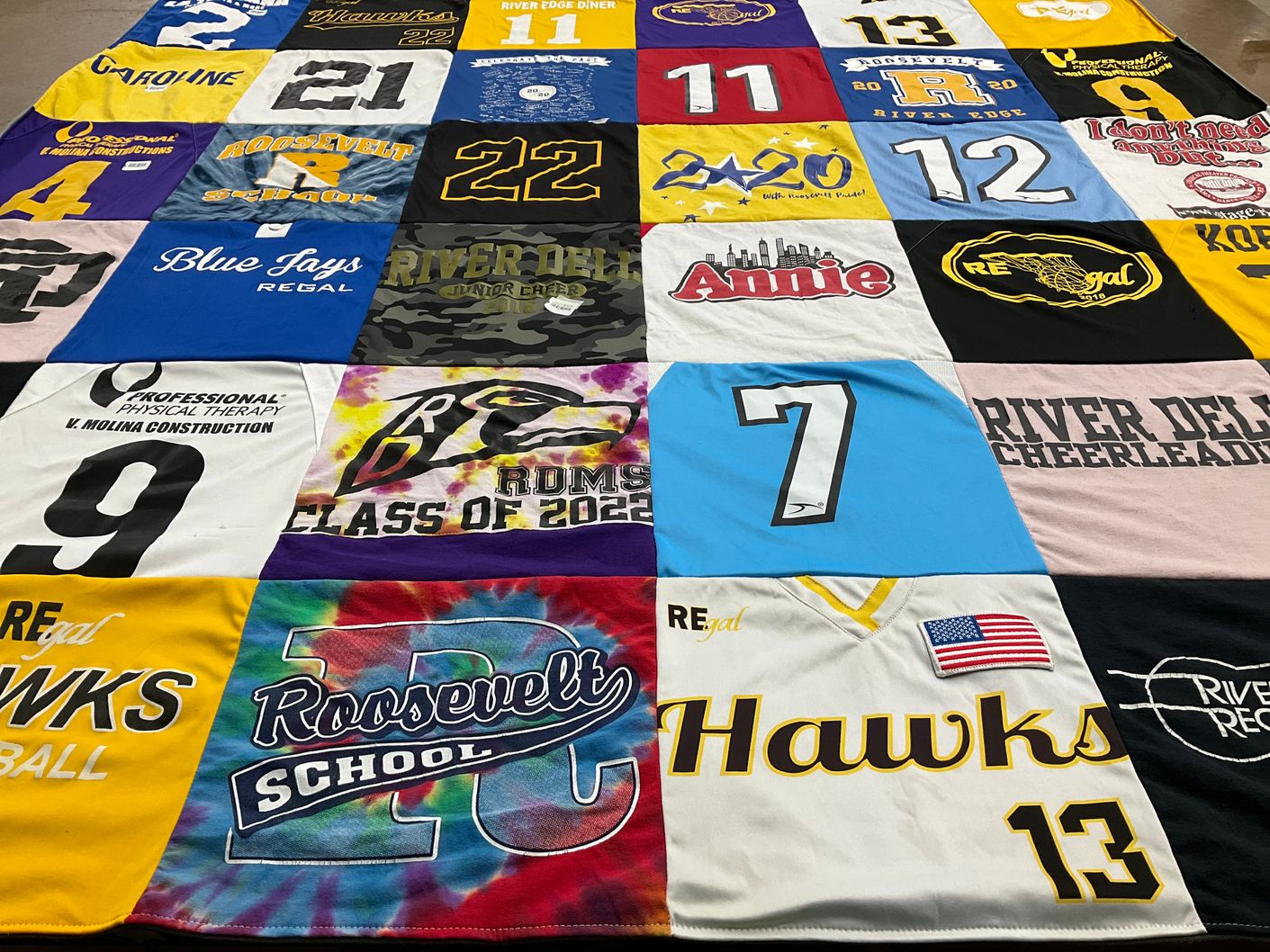 T-shirt quilt featuring roosevelt hawks, river dale cheerleaders by Stephanie from NJ