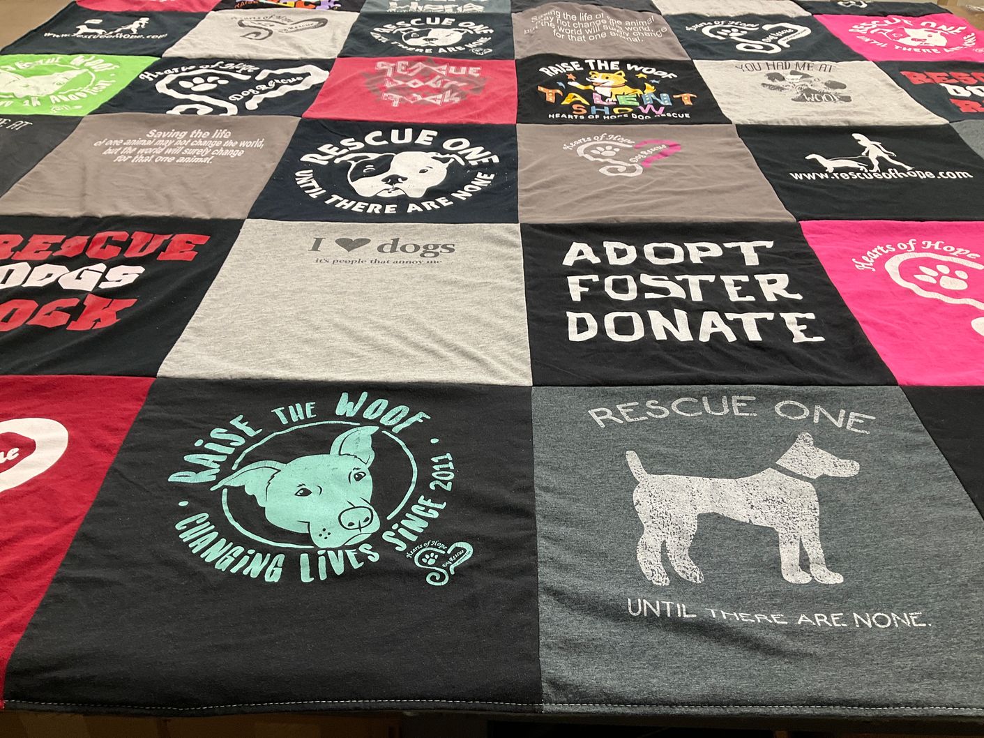 T-shirt quilt with animal rescue, dog adoption themes by Janelle from MI