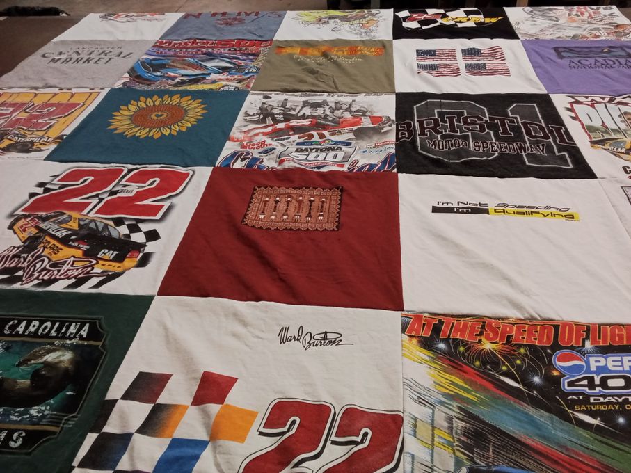 T-shirt quilt with nascar, car racing themes by Karen from FL