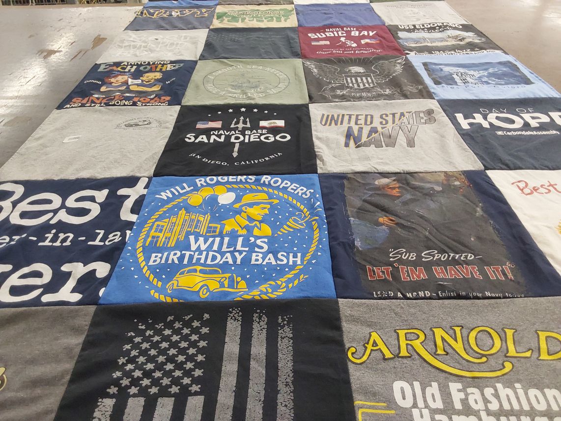T-shirt quilt with navy service, birthday celebrations themes by Donna from OK