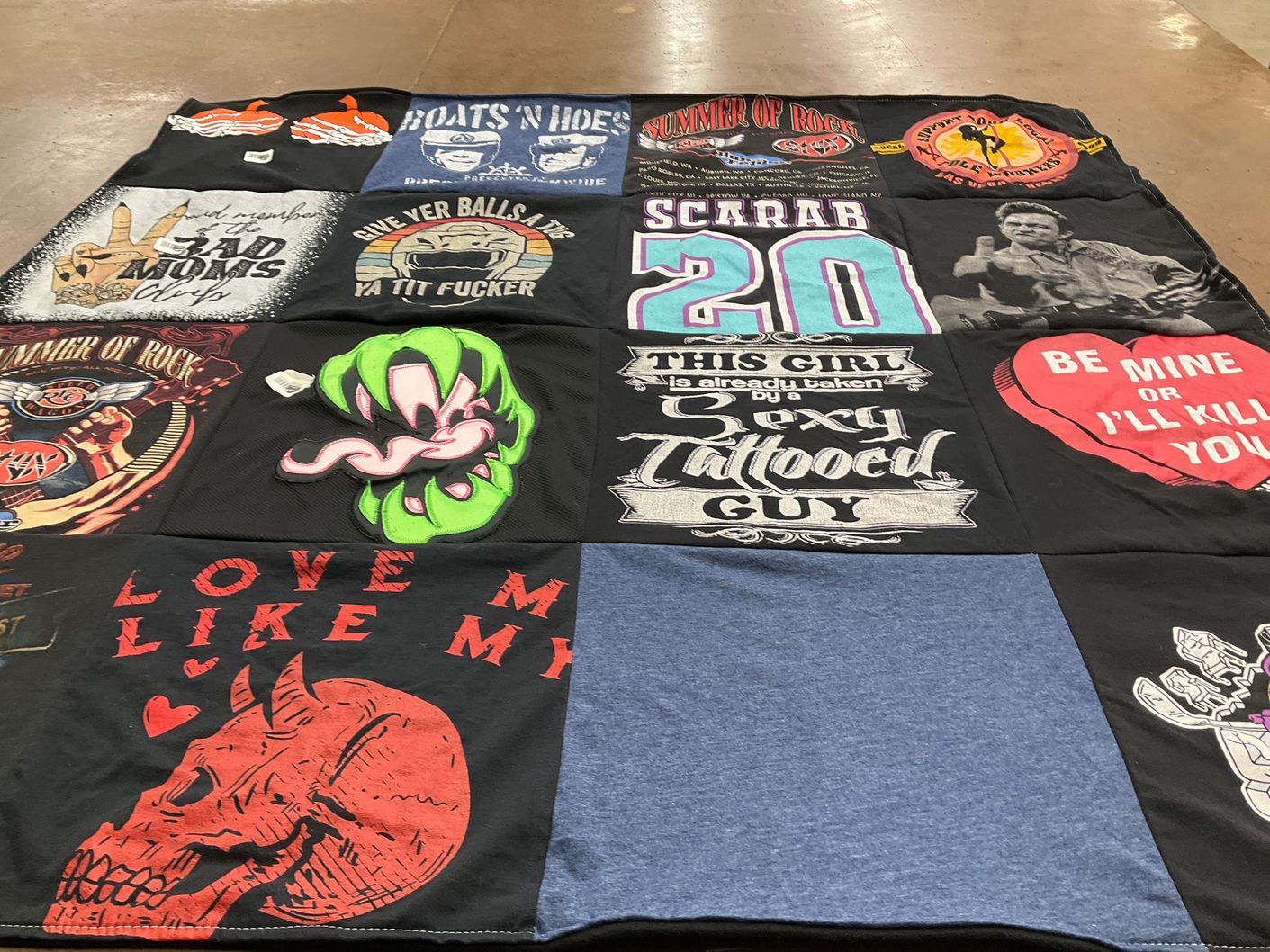 T-shirt quilt with rock music, tattoos themes by Katie from NY